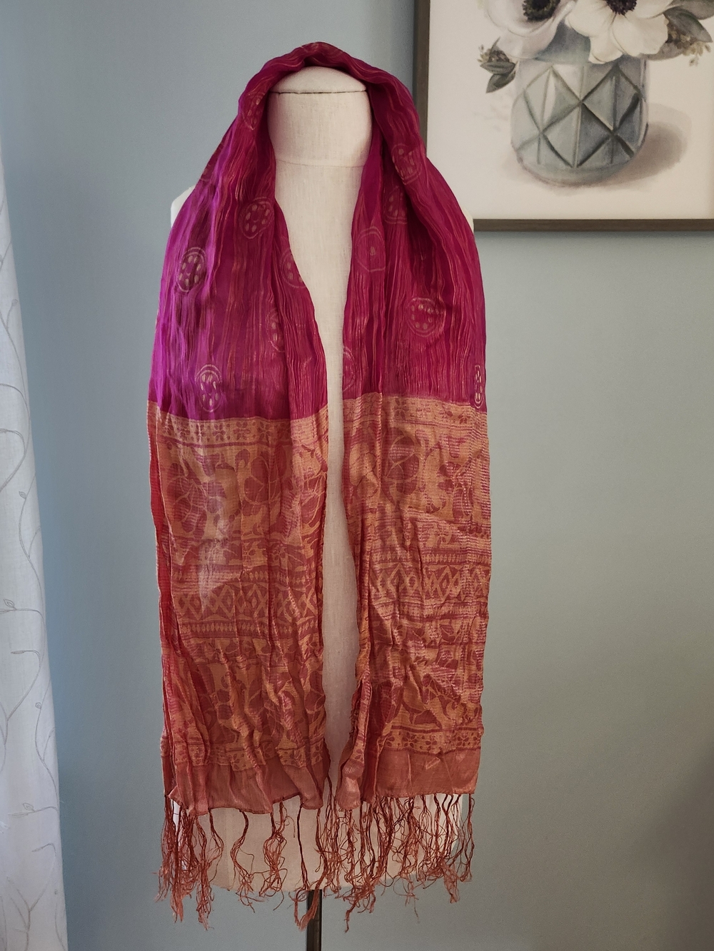 Fuchsia and Orange Ombre Lightweight Fringe Silk Scarf